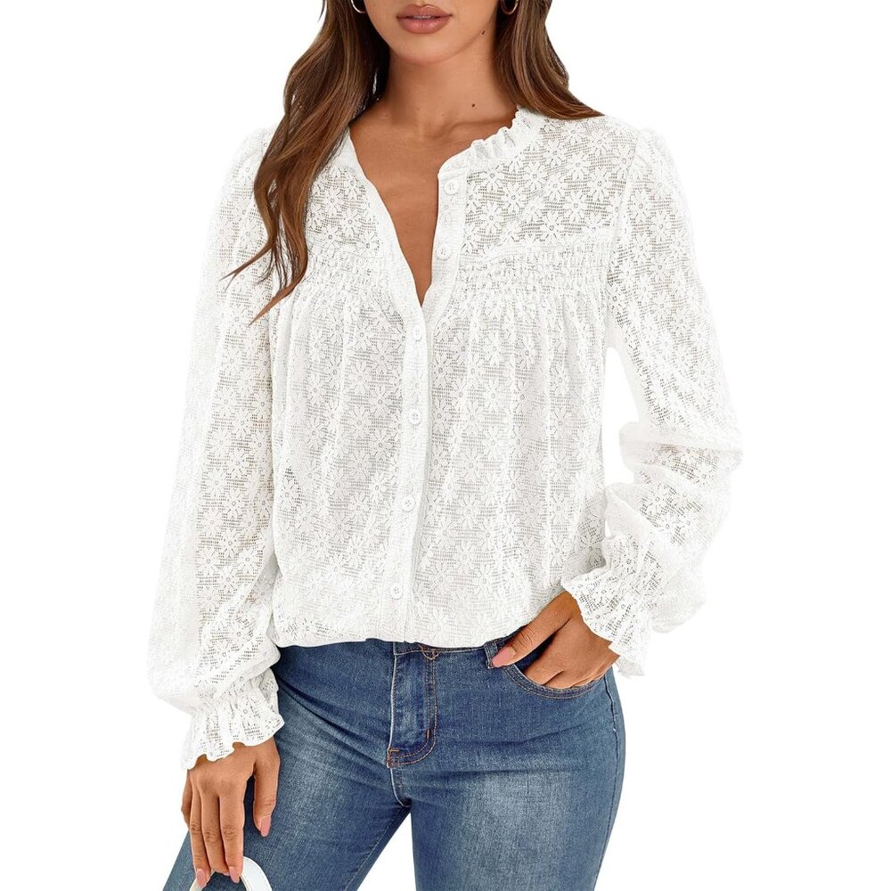 Lace Long Sleeve Shirt Womens Casual Button Down Blouse Fall Outfit